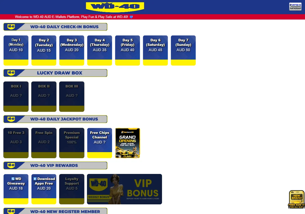 Wd-40 Casino desktop promotions area with bonus offers
