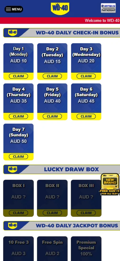 Wd-40 Casino mobile promotions area with daily rewards